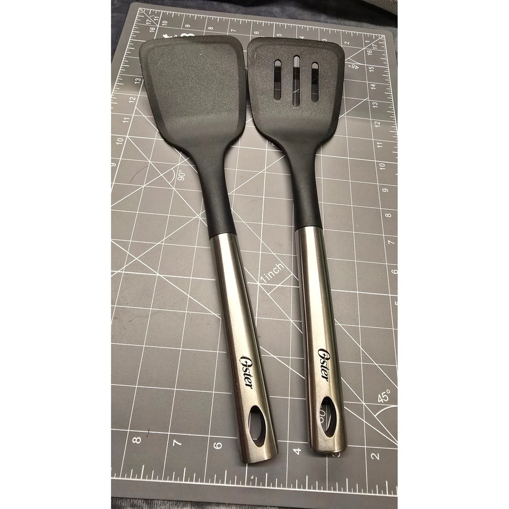 Oster Spatula Set 2pc Stainless Steel Handle Nylon Slotted Solid Turners Black